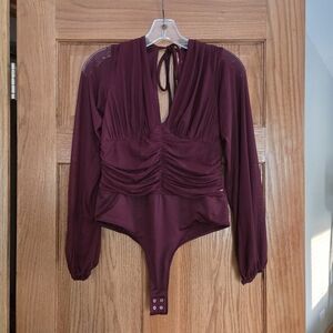 GUESS Womens Burgundy Thong Drape Long Sleeve Bodysuit Sz Small
